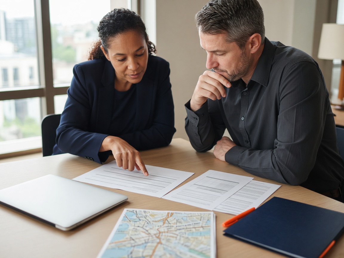 Staff planning a trip over an itinerary, hotel list, and transportation schedule