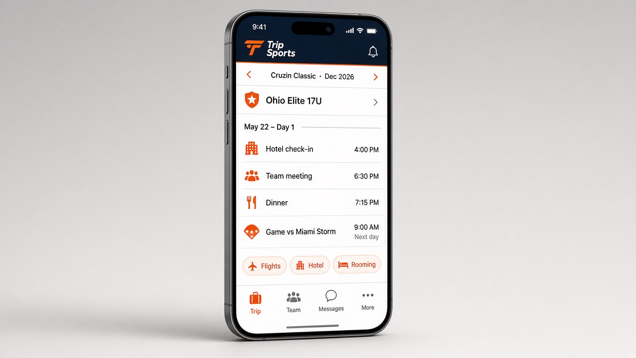 A coach holding a phone open to the trip site